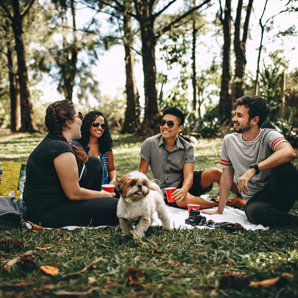 Group of diverse people sitting on yoga mats and smiling.